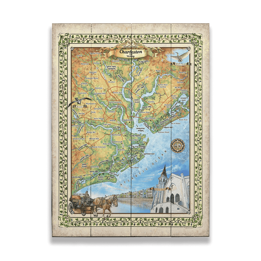 Charleston, South Carolina: Illustrated Map - Wood & Metal Wall Art ...