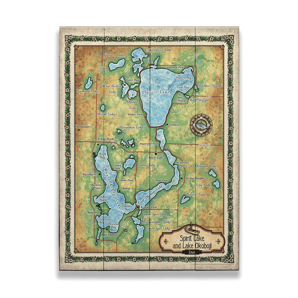 Spirit Lake and Lake Okoboji Map Wood & Metal Wall Art Old Wood Signs