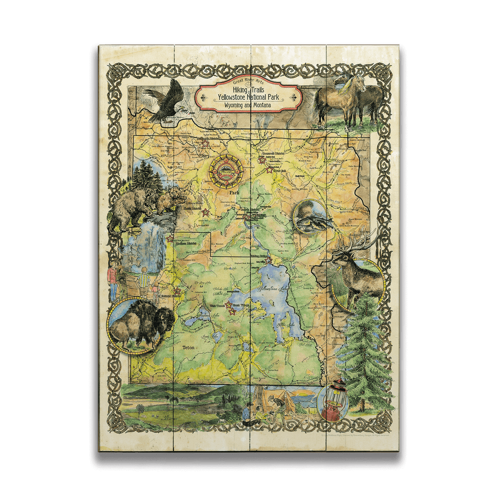 Yellowstone Hiking Trails: Illustrated Map Wood Metal Wall Art