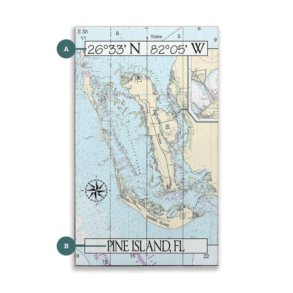 Pine Island, FL, Area Chart Wood & Metal Wall Art Old Wood Signs