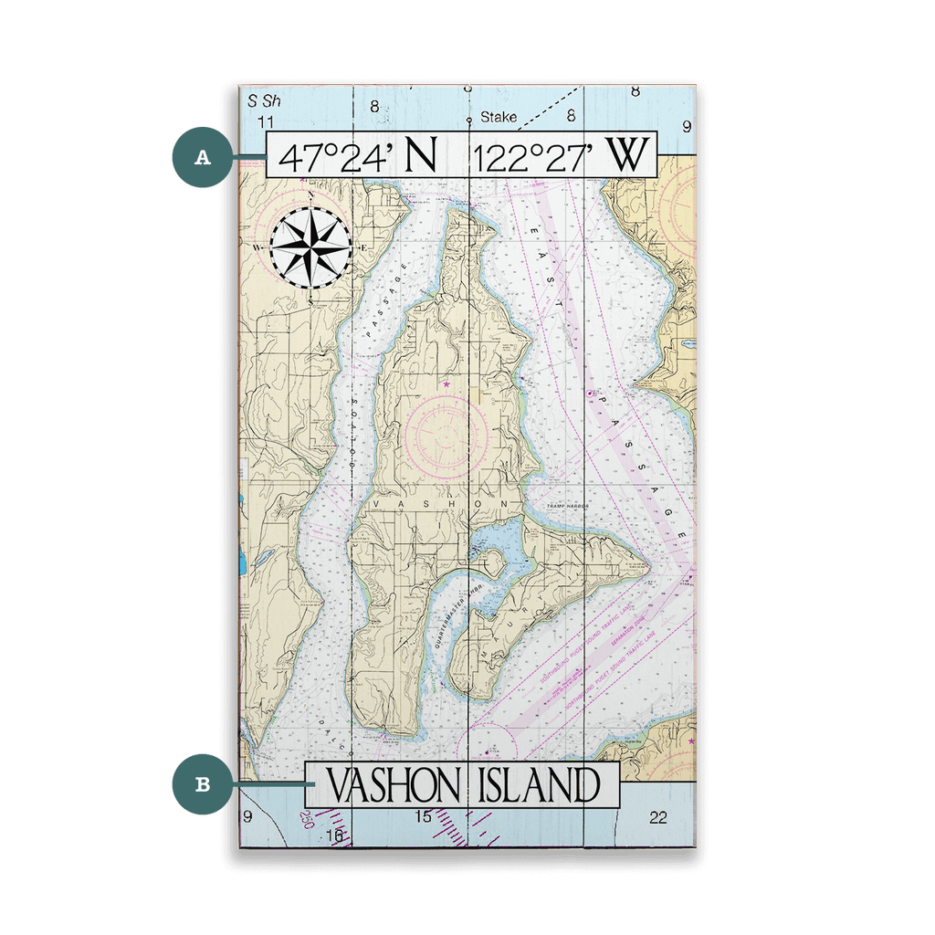 Vashon Island, WA, Area Chart Wood & Metal Wall Art Old Wood Signs