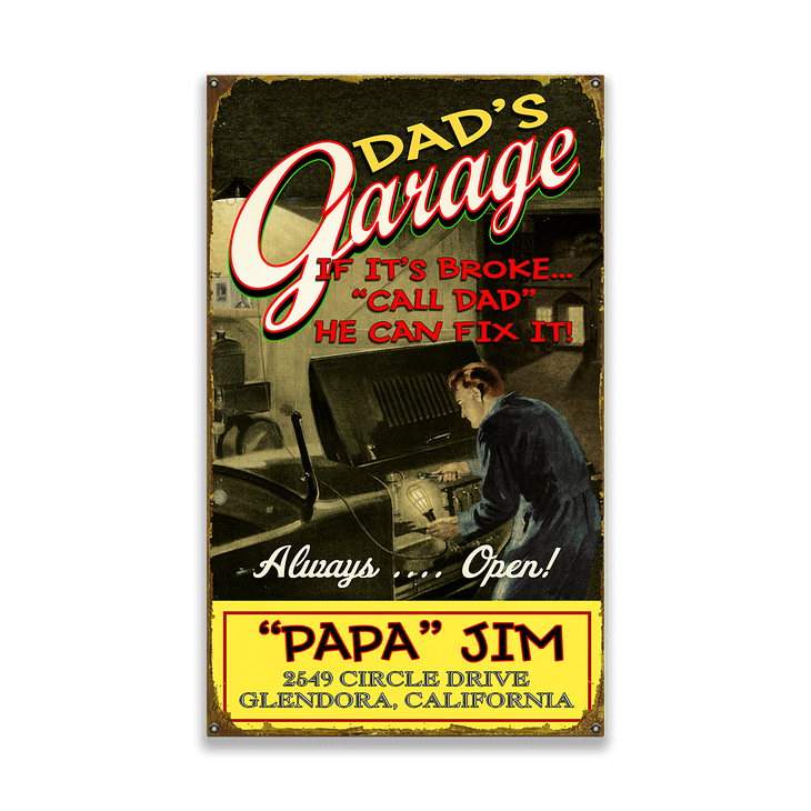 Dad's garage open 24 hours a day if it's not broke don't fix it vintage style metal advertising wall plaque sign or framed picture frame