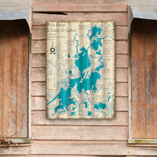 Map of Fox River Chain-O-Lakes on a wooden surface