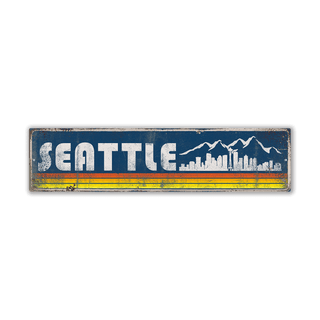 Seattle Mountain Skyline & Stripes: Blue Sunset - Wood & Metal Wall Art