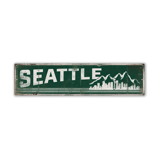Seattle Mountain Skyline & Stripes: Emerald City - Wood & Metal Wall Art