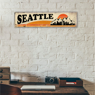 Seattle Mountain Skyline & Stripes: White and Orange Sunset - Wood & Metal Wall Art