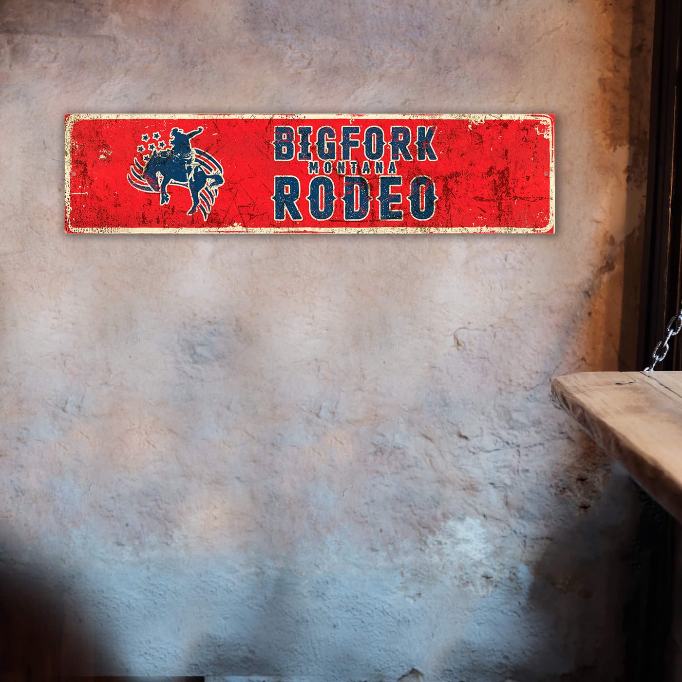 Little Red Rodeo Sign Bigfork Rodeo Logo: Red Background Blue Text - Wall Decor – Old Wood Signs