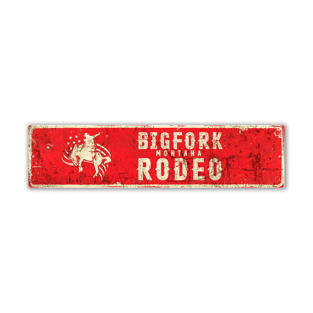 Bigfork Rodeo Logo: Red Background White Text - Wall Decor – Old Wood Signs