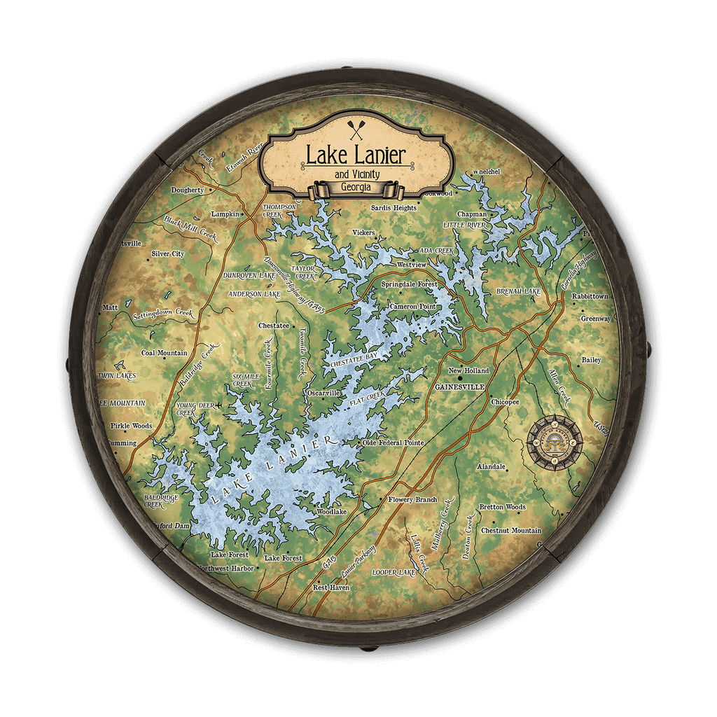 Lake Lanier, Georgia: Illustrated Map - Barrel End Wall Art – Old Wood ...