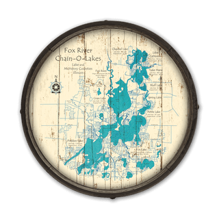 Map of Fox River Chain-O-Lakes with turquoise lakes on a wooden texture background