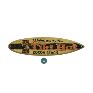 Welcome to the Tiki Hut - Surfboard Wall Art with vintage wood design and Cocoa Beach text decoration
