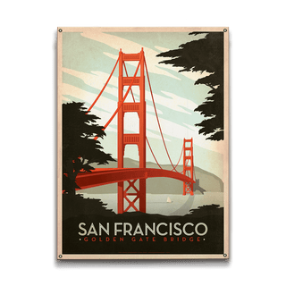 San Francisco Golden Gate Bridge - Wood & Metal Wall Art featuring vintage style bridge illustration with trees and sailboat.