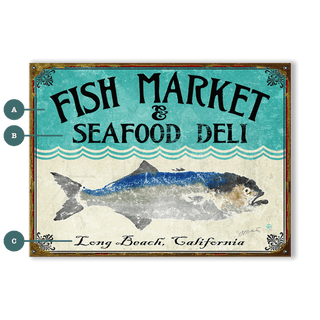 Fish Market & Seafood Deli - Wood & Metal Wall Art with rustic fish illustration and vintage Long Beach California text