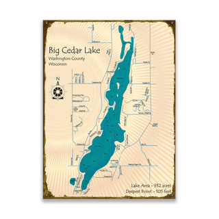 Big Cedar Lake, Wisconsin - Wood & Metal Wall Art showing lake map with surrounding roads and compass rose