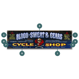 Blood Sweat & Gears - Wood & Metal Wall Art with vintage cycle shop design and skull graphic on dark wood background