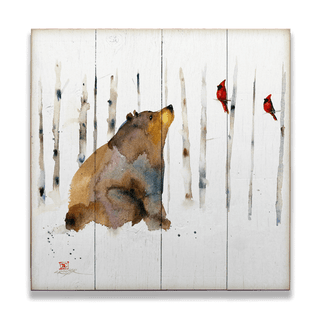 Sitting Bear and Cardinals - Wood & Metal Wall Art