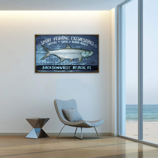 Sport Fishing Excursions - Wood & Metal Wall Art featuring a fish and coastal theme in modern beachside room