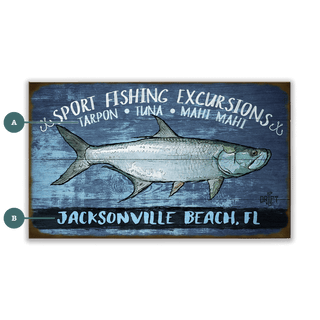 Sport Fishing Excursions - Wood & Metal Wall Art featuring a fish illustration and Jacksonville Beach FL text on blue wood background