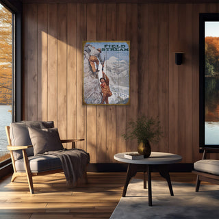 Field & Stream Cover January 1919 - Wood & Metal Wall Art hanging on wood-paneled wall in cozy living room setting