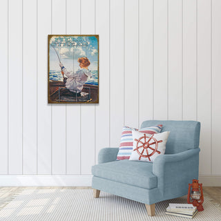 Field & Stream Cover July 1921 - Wood & Metal Wall Art showing a woman fishing on a boat in a coastal room setting