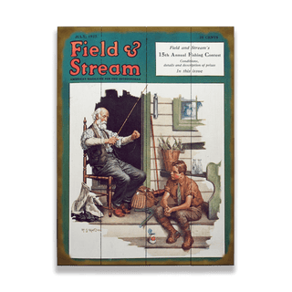 Field & Stream Cover July 1925 - Wood & Metal Wall Art depicting vintage fishing scene with an elderly man and boy on porch
