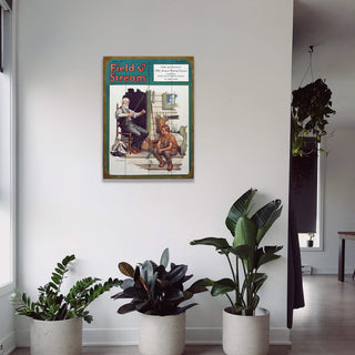 Field & Stream Cover July 1925 - Wood & Metal Wall Art hanging above indoor plants in modern minimalist room