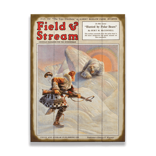 Field & Stream Cover July 1927 - Wood & Metal Wall Art showing vintage hunting scene with man and polar bear on snowy hill