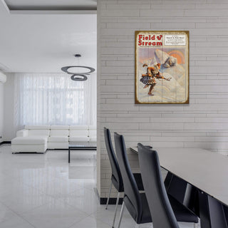 Field & Stream Cover July 1927 - Wood & Metal Wall Art displayed on modern dining room wall with minimalist decor.