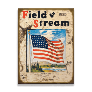 Field & Stream Cover July 1942 - Wood & Metal Wall Art featuring an American flag and rustic wood sign design.