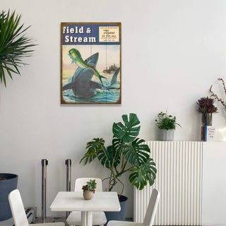 Field & Stream Cover June 1950 - Wood & Metal Wall Art showing vintage fishing scene in a minimalist dining space