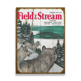 Field & Stream Cover February 1954 - Wood & Metal Wall Art featuring wolves in a snowy forest landscape with distant hills.