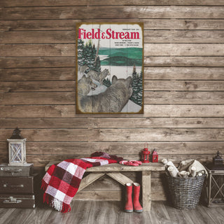 Field & Stream Cover February 1954 - Wood & Metal Wall Art depicting wolves in a snowy forest on rustic wood planks.