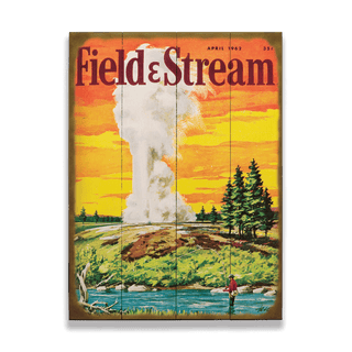 Field & Stream Cover April 1962 - Wood & Metal Wall Art showing a fisherman near a geyser with trees and a vibrant sunset sky