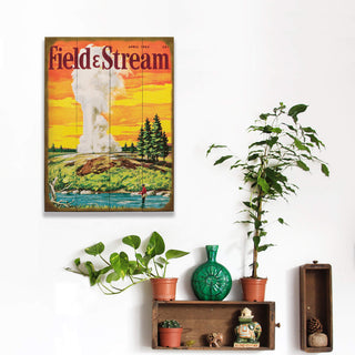 Field & Stream Cover April 1962 - Wood & Metal Wall Art featuring vintage outdoor scene with trees and geyser at sunset
