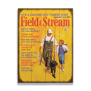 Field & Stream Cover February 1969 - Wood & Metal Wall Art showing a fisherman, child, and dog with fishing gear on a yellow background