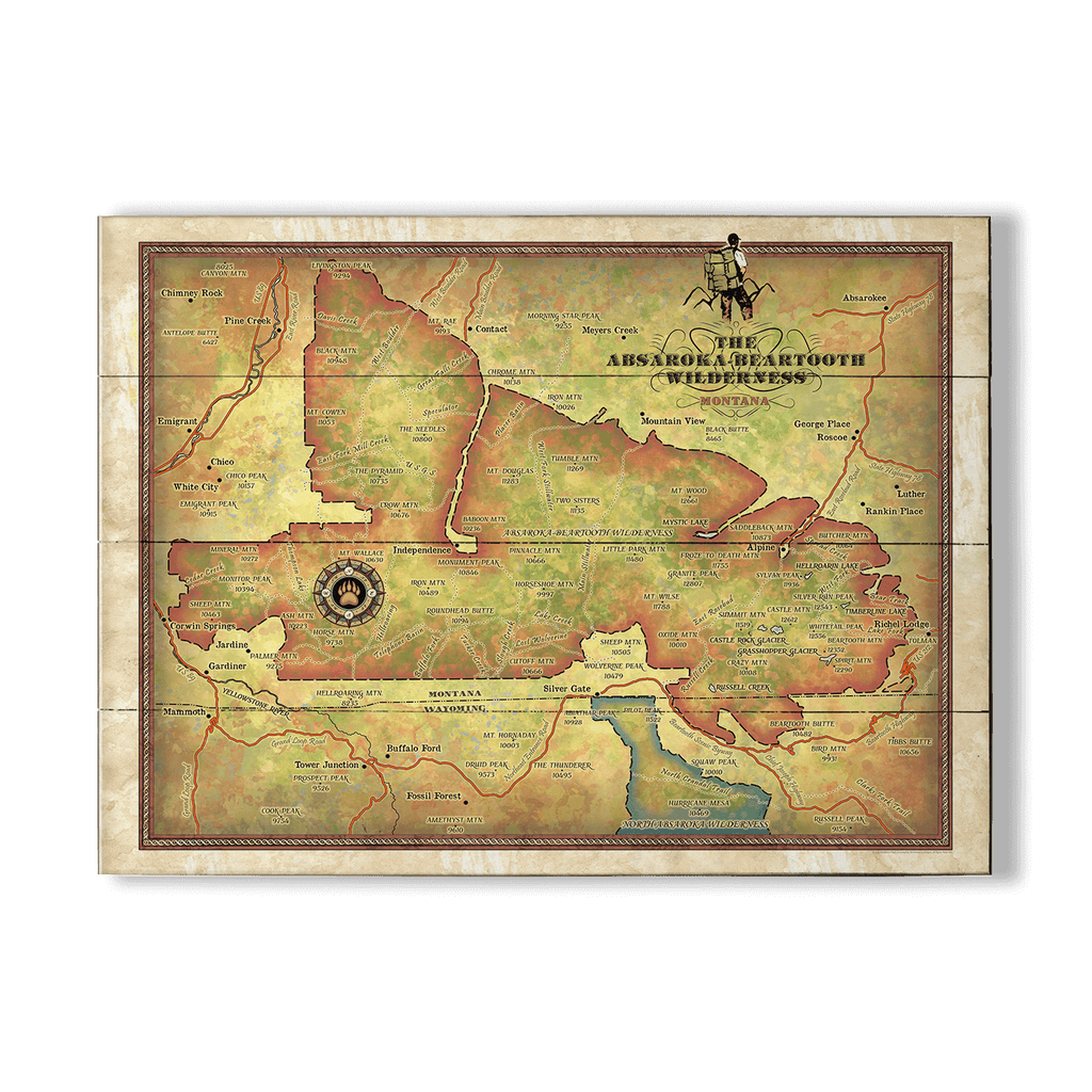 The Absaroka-Beartooth Wilderness: Illustrated Map - Wood & Metal Wall ...