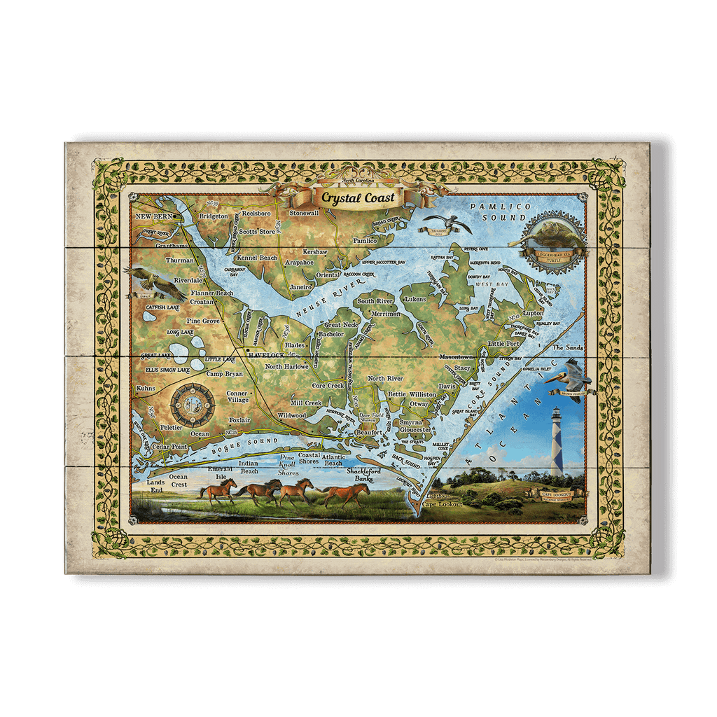 Crystal Coast, North Carolina: Illustrated Map - Wood & Metal Wall Art ...
