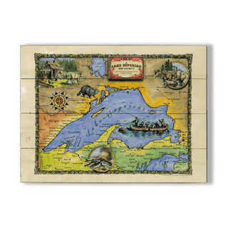 Lake Superior: Illustrated Map - Wood & Metal Wall Art Wood by Lisa Middleton
