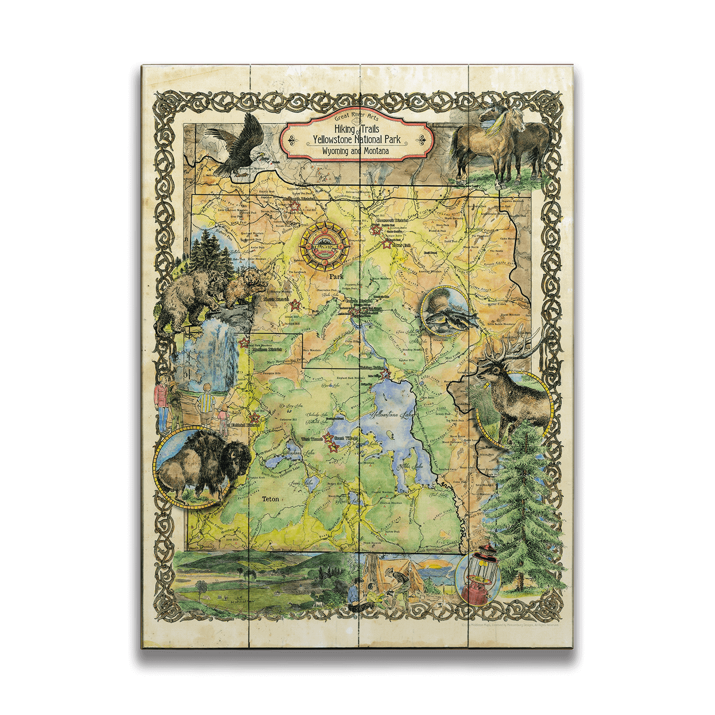 Yellowstone Hiking Trails: Illustrated Map Wood Metal Wall Art
