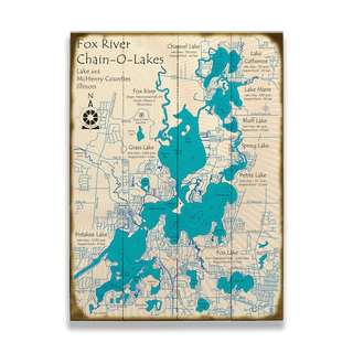 Map of Fox River Chain-O-Lakes with turquoise lakes on a wooden panel background