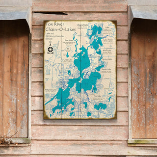 Wooden map of Fox River Chain-O-Lakes on a wooden wall