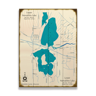 Upper and Lower Nemahbin Lake, WI - Wood & Metal Wall Art Wood Lake Art