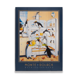 Vintage-style advertisement for Monte & Dolack refrigerators featuring penguins around an open refrigerator.