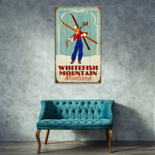 Alpine Glam Girl With Skis - Wood & Metal Wall Art Meissenburg Designs