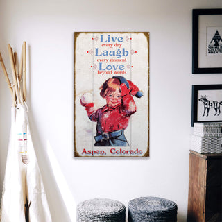 Live, Laugh, Love, Child with Snowball - Wood & Metal Wall Art