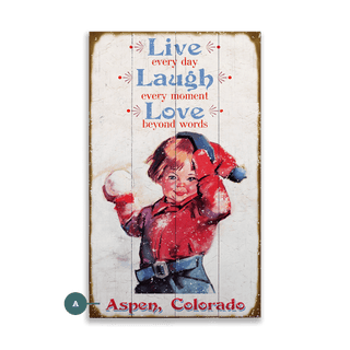 Live, Laugh, Love, Child with Snowball - Wood & Metal Wall Art