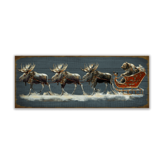 Wooden sign with moose pulling a sleigh featuring a dog, on a dark background