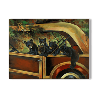 Great Escape: Bear Cubs in Vintage Woody Wagon - Wood & Metal Wall Art
