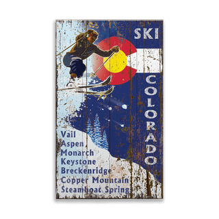 Ski Colorado with State Logo - Wood & Metal Wall Art Wood & Metal Wall Art Out West Design Wood 14" x 24"