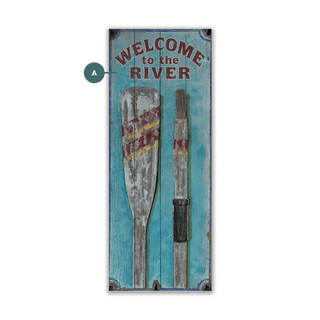 Lake Welcome with Oars - Wood & Metal Wall Art features rustic paddles on distressed blue wood background sign.